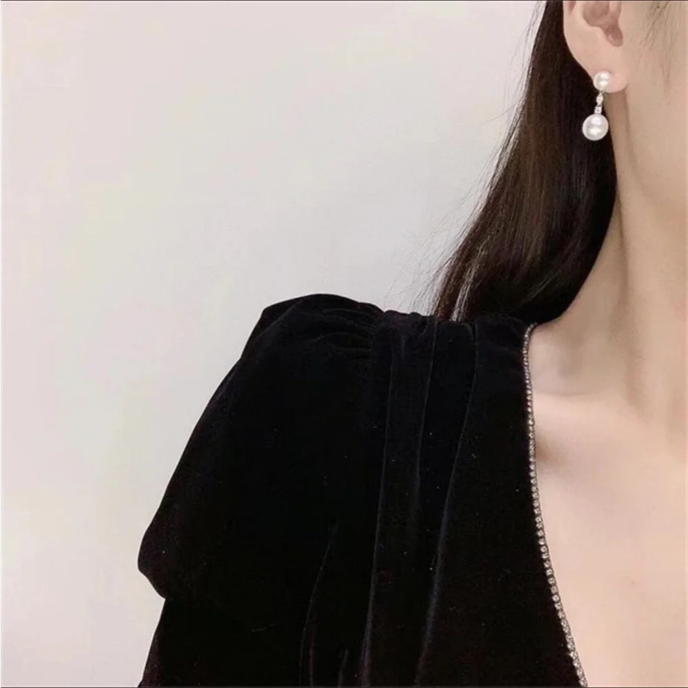 💋Double Pearl Cz Diamond Drop Earrings